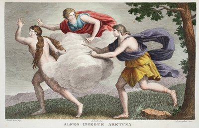 Arethusa into a Fountain or Alfeo Insegue Aretusa, Book V, illustration from Ovid